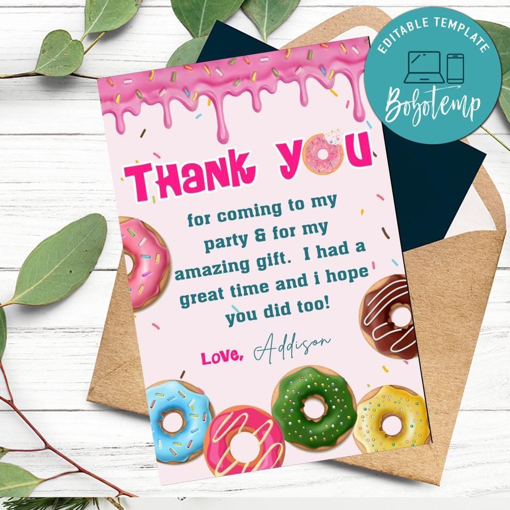 Sweet Doughnut Thank You Card Customizable Template To Print At Home Instant Download