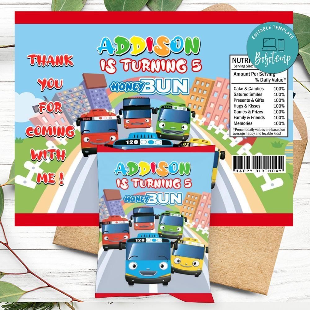Tayo The Little Bus Birthday Honey Buns Snack Bag Label Customizable Instant Download