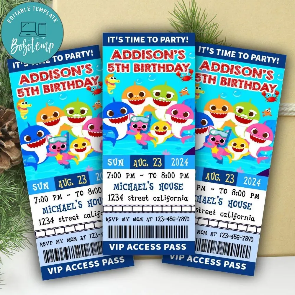 Baby Shark Ticket Invitation Customizable Template | Bobotemp