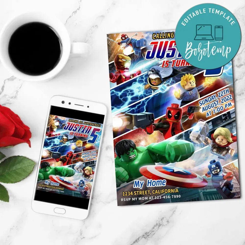 Lego Marvel Super Heroes Invitation Customizable Template DIY | Bobotemp