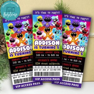 Smiling Critters Ticket Invitation Customizable Template Instant Download