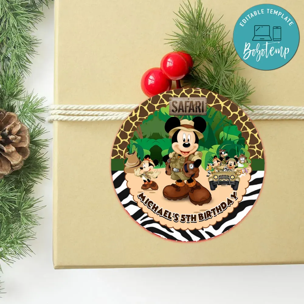 Mickey Safari Circle Sticker Template Customizable DIY | Bobotemp