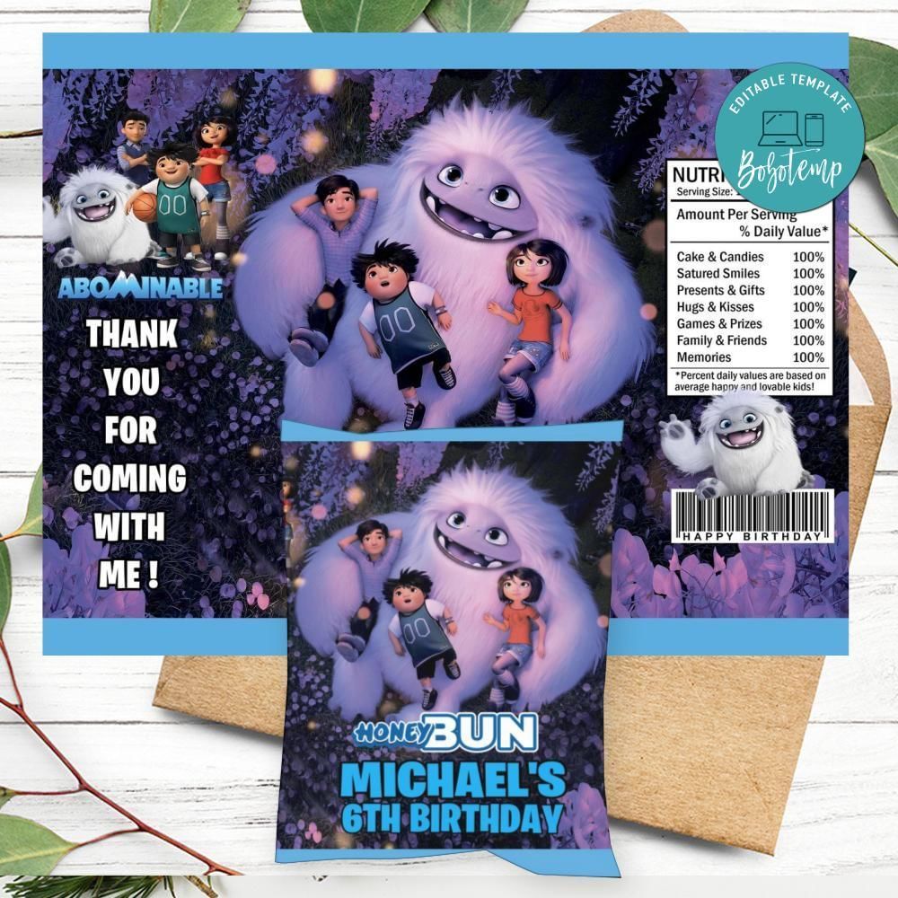 Abominable Birthday Honey Buns Snack Bag Label Customizable Instant Download