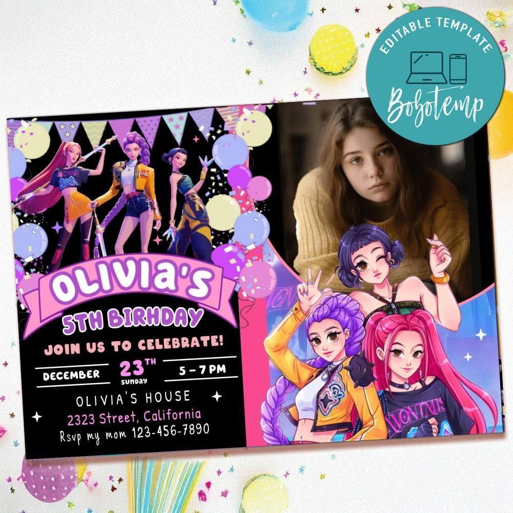 Kpop demon hunter Birthday Invitation with Photo Customizable Template to Print at Home Instant Download