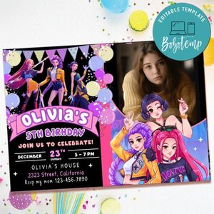 Kpop demon hunter Birthday Invitation with Photo Customizable Template to Print at Home Instant Download