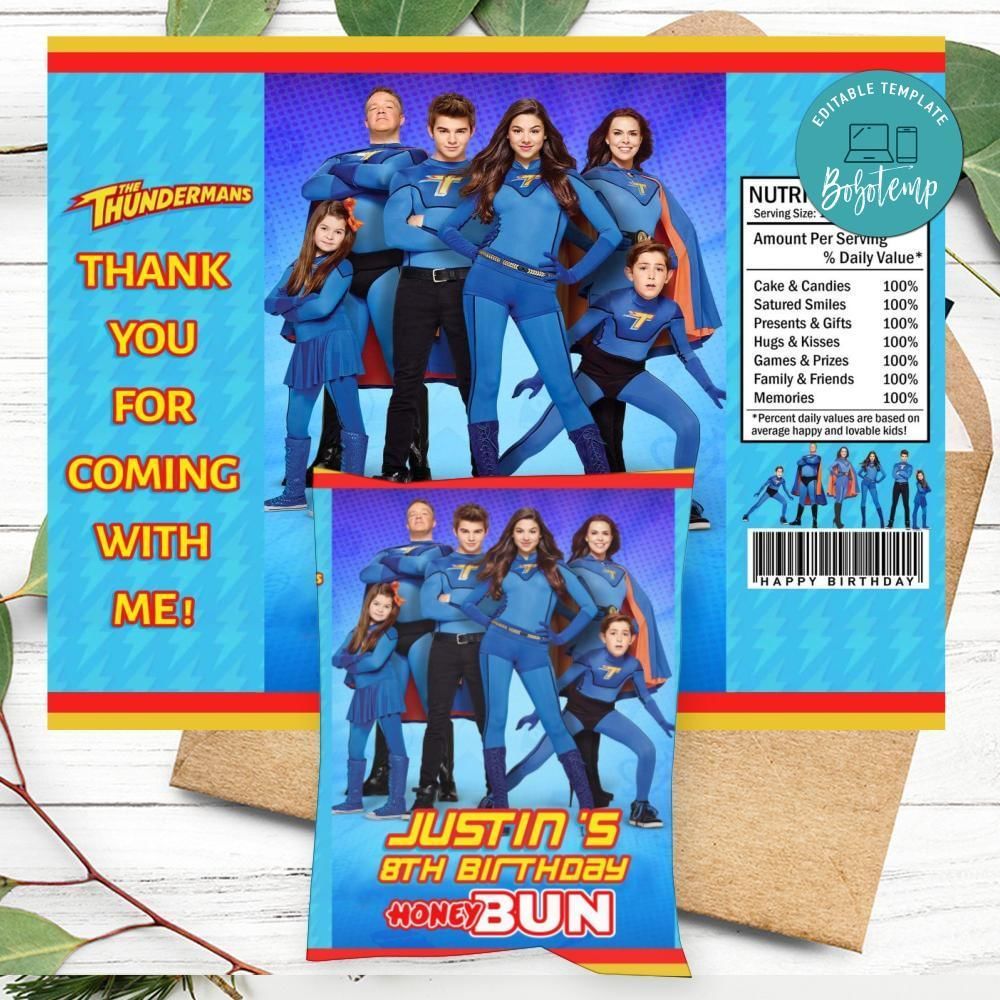 Thundermans Birthday Honey Buns Snack Bag Label Customizable Instant Download
