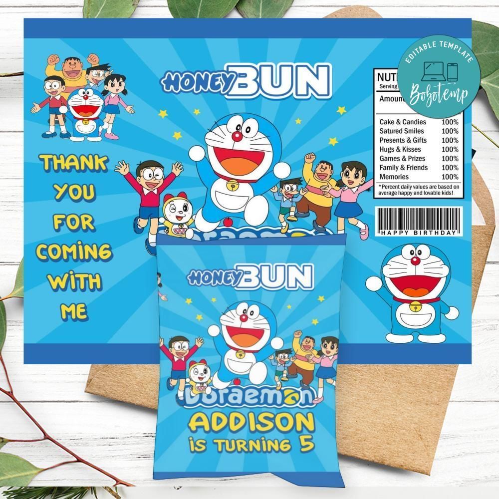 Doraemon Birthday Honey Buns Snack Bag Label Customizable Instant Download