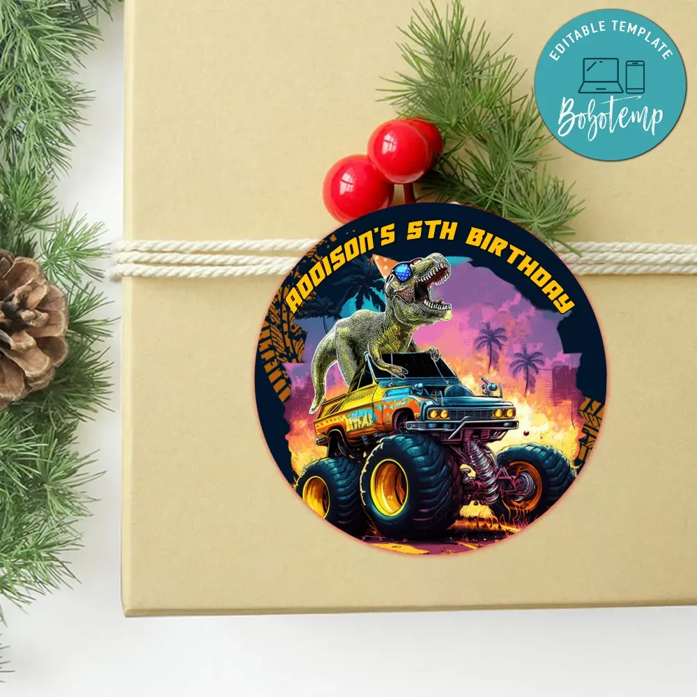 T Rex Dinosaur Monster Truck Circle Sticker Template Customizable DIY ...