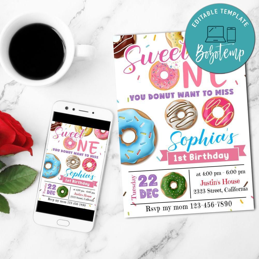 Sweet doughnut Invitation Customizable Template to Print at Home Instant Download