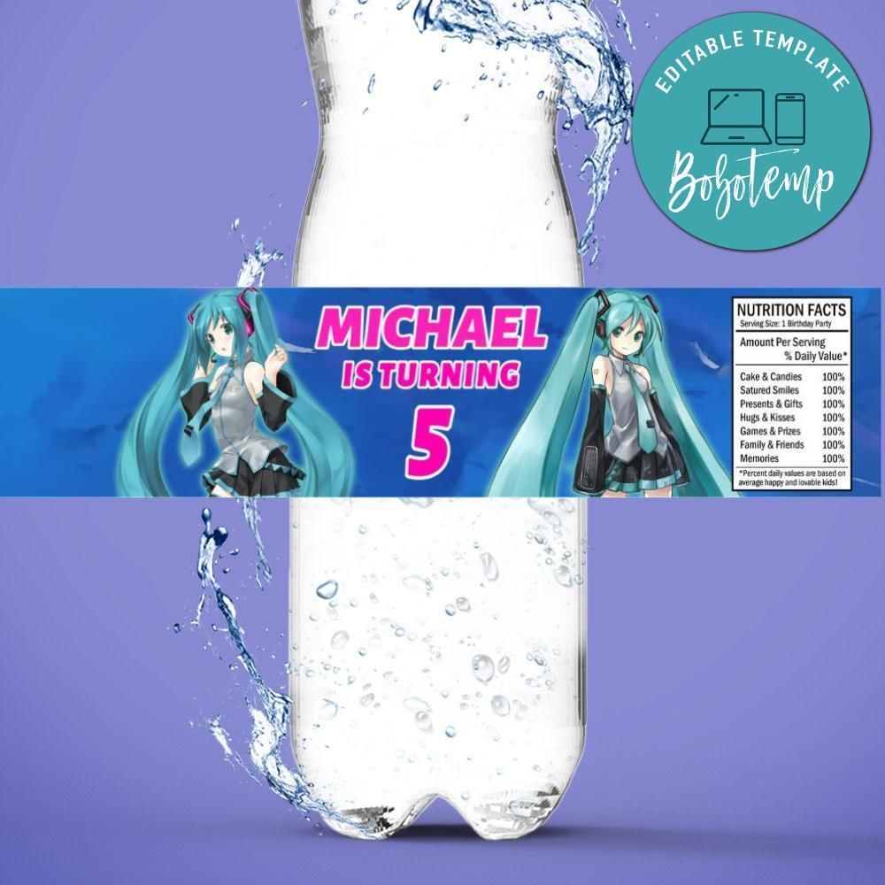 Hatsune Miku Birthday Water Bottle Label Template to Print at Home Instant Download