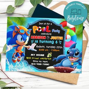 Sonic and Stitch pool party Invitation Customizable Template to Print at Home Instant Download