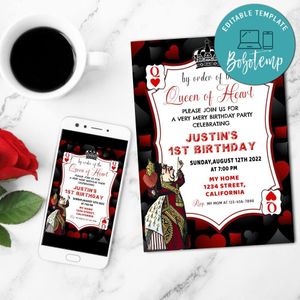 Queen of hearts Invitation Customizable Template to Print at Home Instant Download