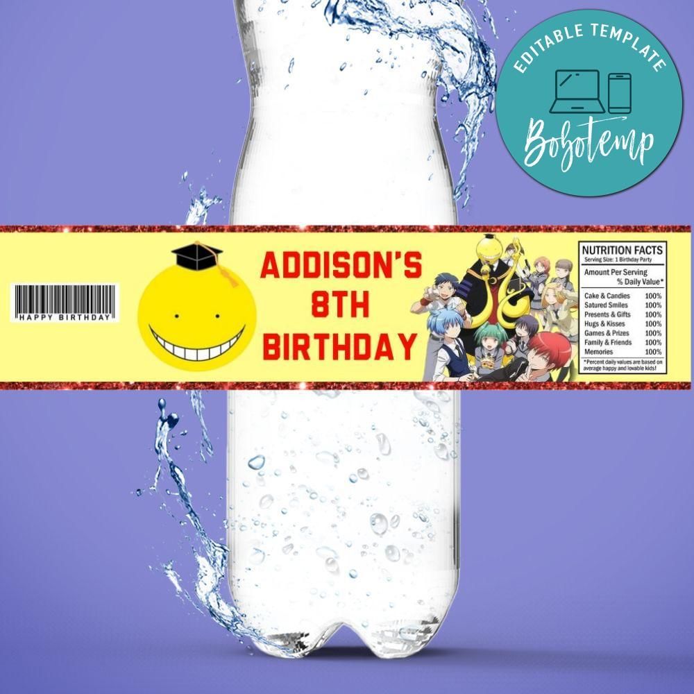Assassination classroom graduation Birthday Water Bottle Label Template to Print at Home Instant Download