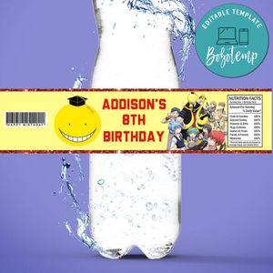 Assassination classroom graduation Birthday Water Bottle Label Template to Print at Home Instant Download