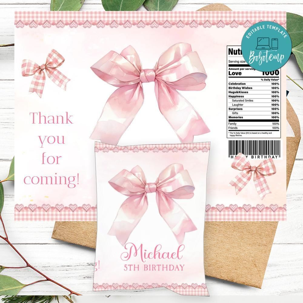 Coquette Birthday Party Chip Bag Digital File Printable Instant Download