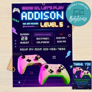 Video Game Invitation Template Free Thank You Card Printable