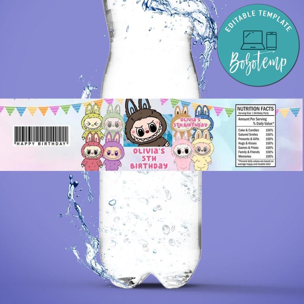 Labubu Birthday Water Bottle Label Template to Print at Home Instant Download