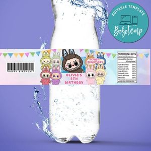 Labubu Birthday Water Bottle Label Template to Print at Home Instant Download