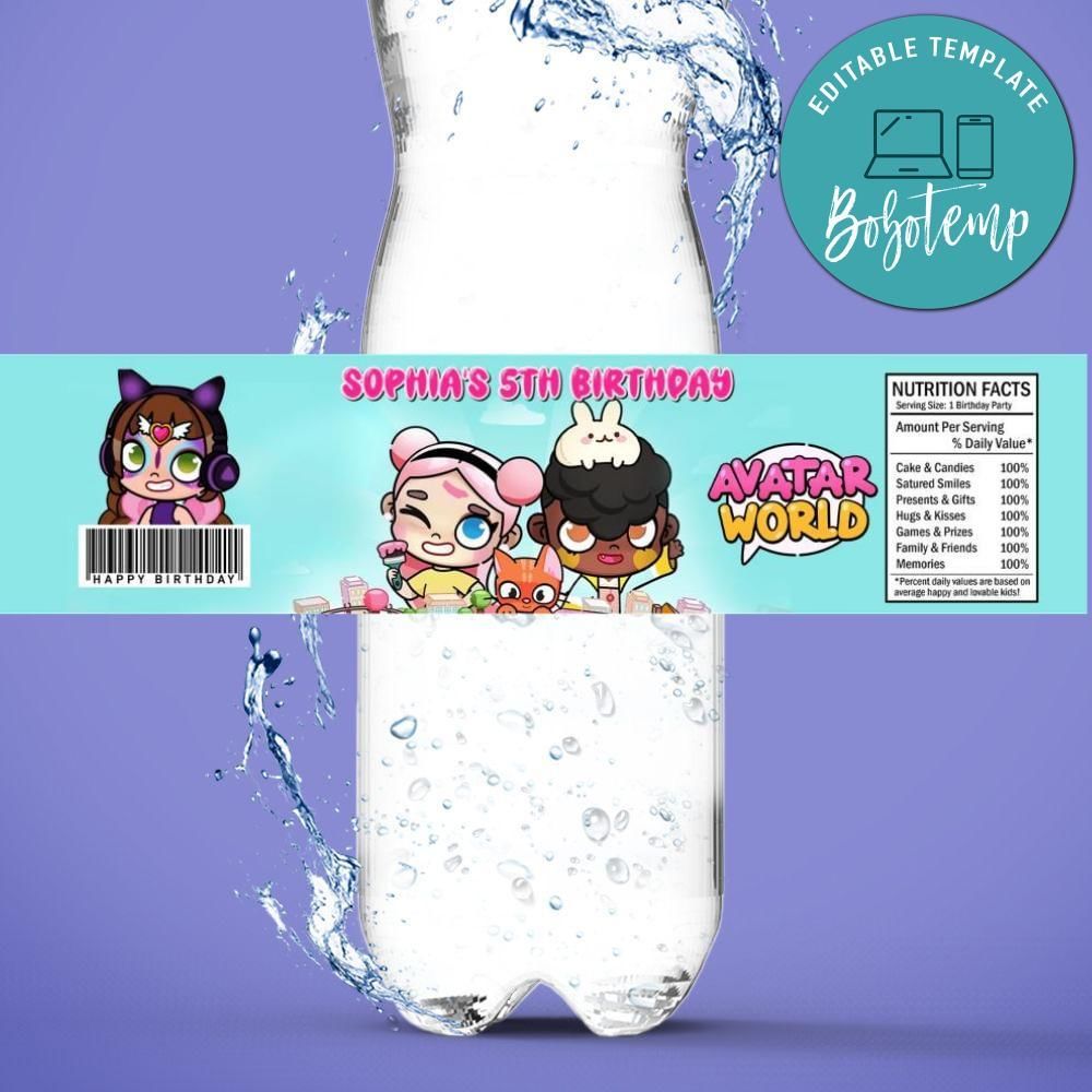 Avatar World Bottle Label Birthday Water Bottle Label Template to Print at Home Instant Download