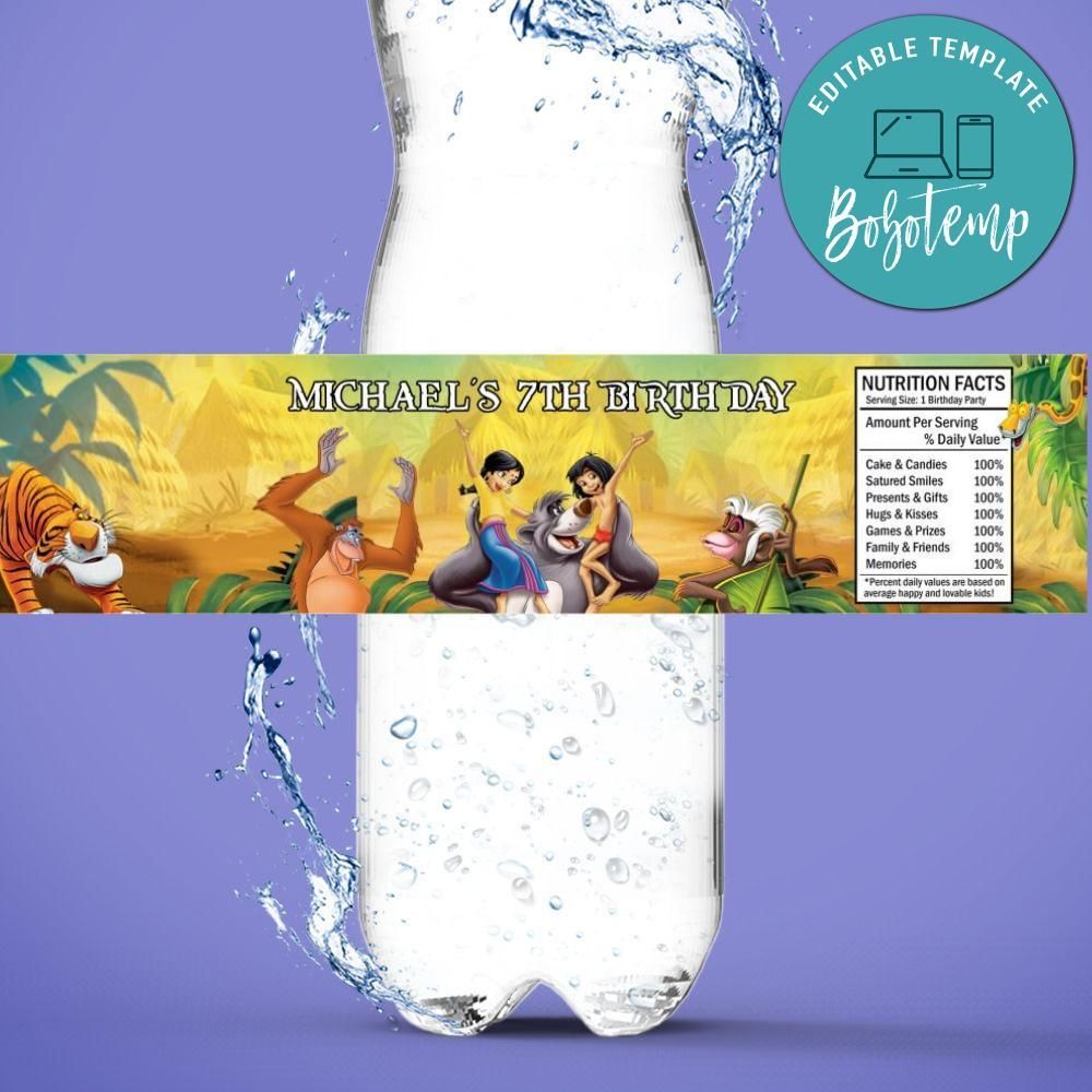 The jungle book Birthday Water Bottle Label Template to Print at Home Instant Download