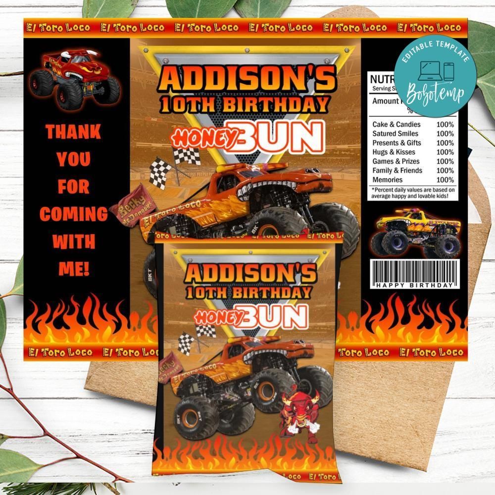 El Toro Loco Birthday Honey Buns Snack Bag Label Customizable Instant Download