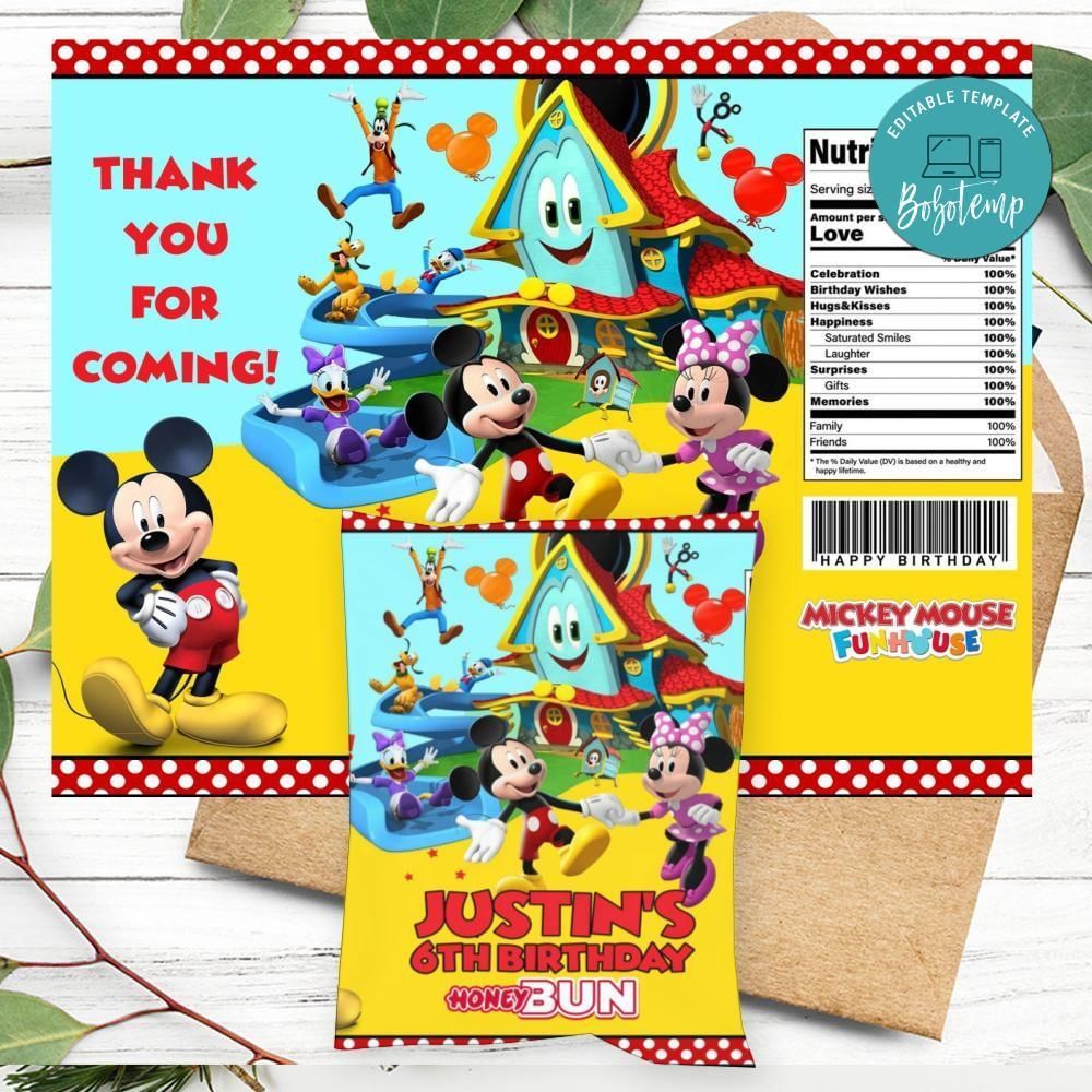 Mickey Mouse Funhouse Birthday Honey Buns Snack Bag Label Customizable Instant Download