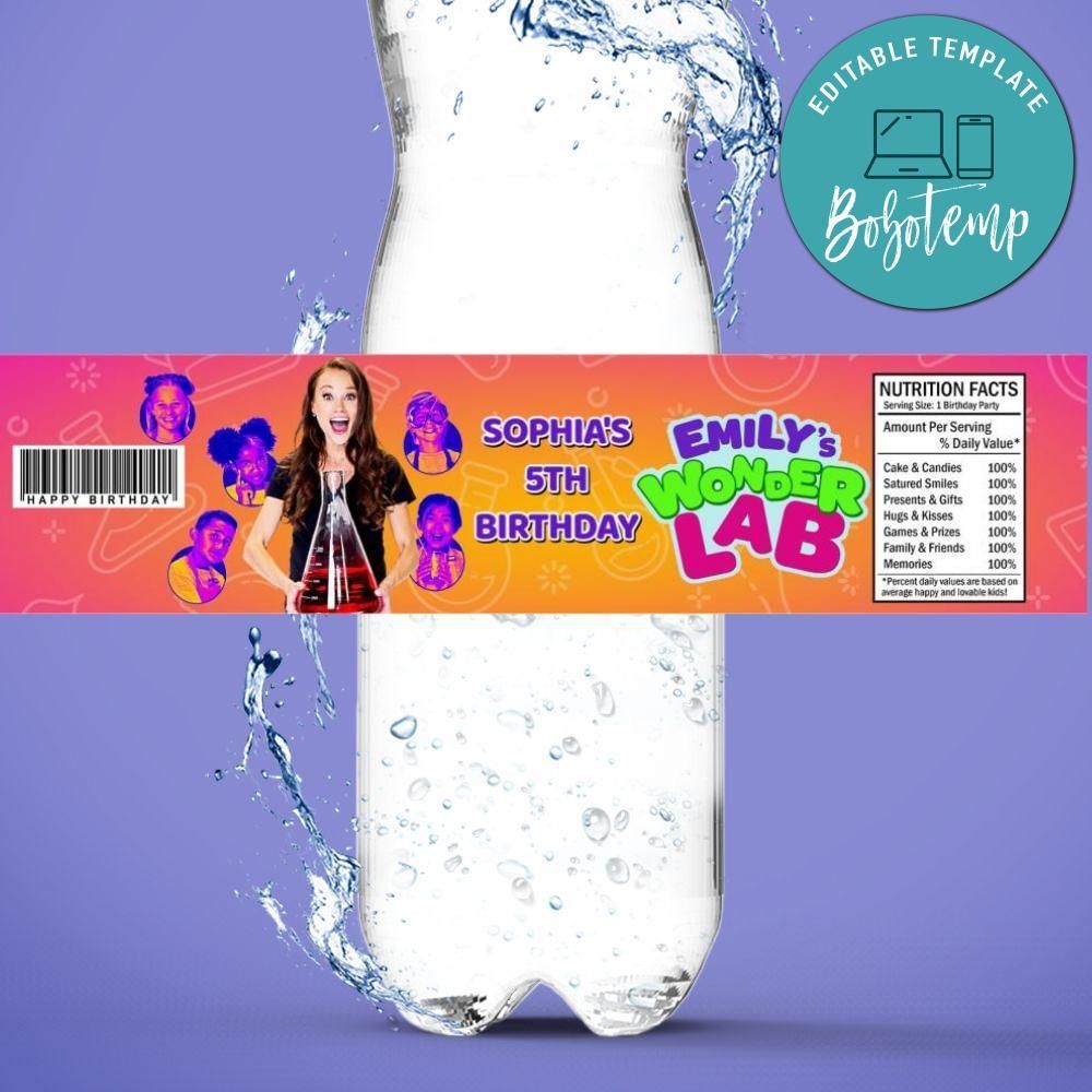 Emily's Wonder Lab Birthday Water Bottle Label Template to Print at Home Instant Download