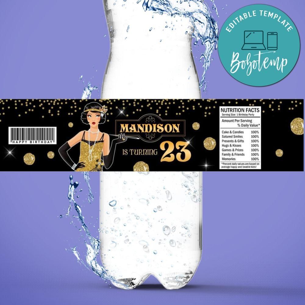 Flapper Bottle Label Birthday Water Bottle Label Template to Print at Home Instant Download