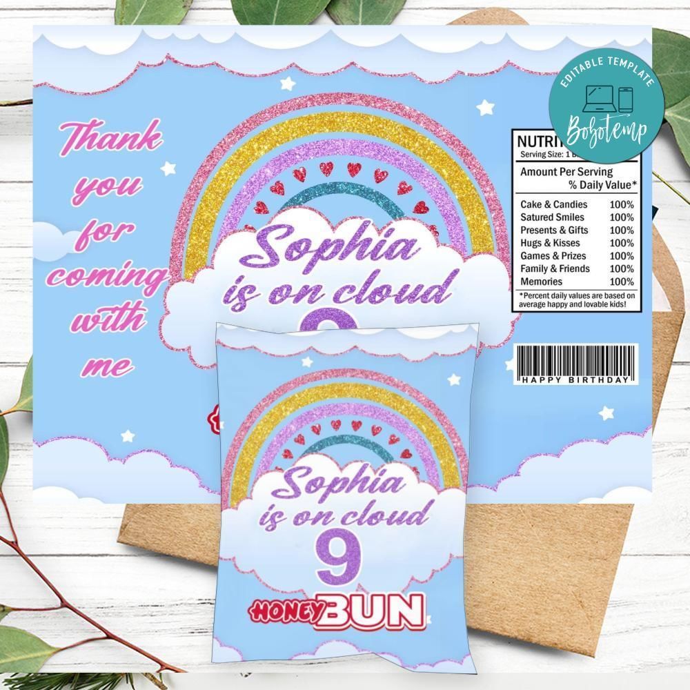 Cloud Nine Birthday Honey Buns Snack Bag Label Customizable Instant Download