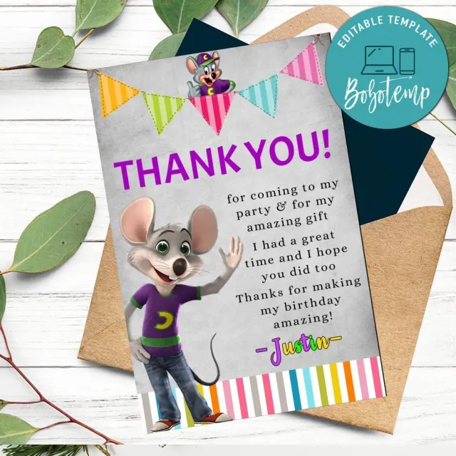 Chuck e cheese Thank you card Customizable Template DIY | Bobotemp