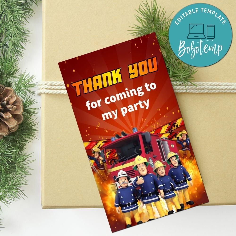 Fireman Sam Thank You Tag Customizable Template To Print At Home Instant Download