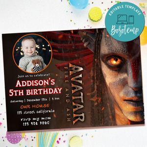 Avatar Fire and Ash Birthday Invitation with Photo Customizable Template to Print at Home Instant Download