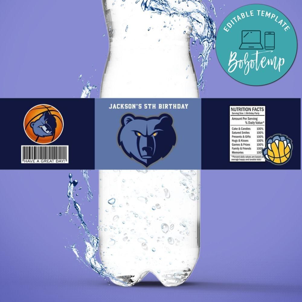 Memphis Grizzlies Birthday Water Bottle Label Template to Print at Home Instant Download