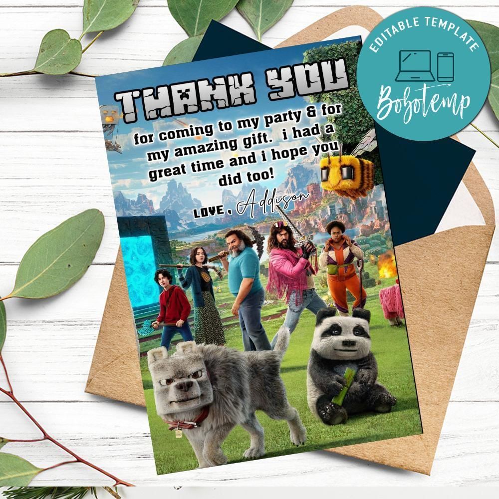 Minecraft Thank You Card Customizable Template To Print At Home Instant Download