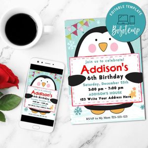 Penguin Invitation Customizable Template to Print at Home Instant Download