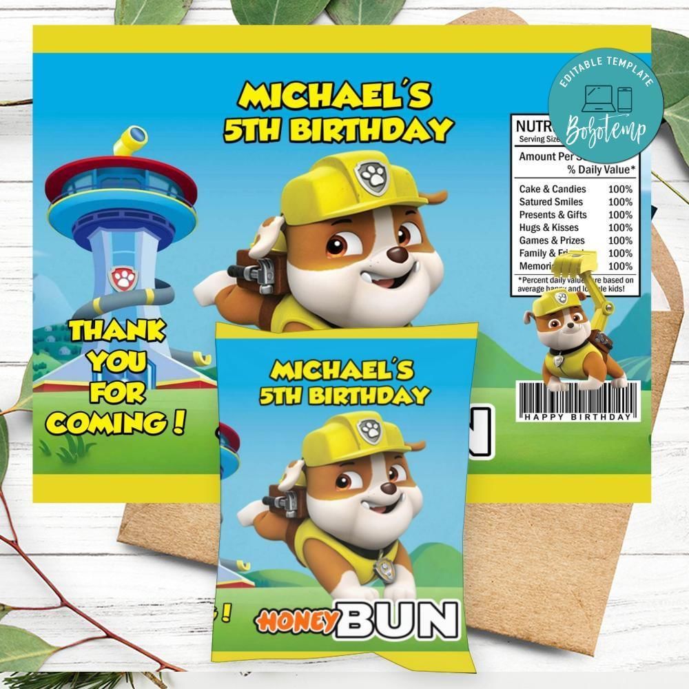 Rubble Paw Patrol Honeybun Snack Bag Digital File Printable Instant Download