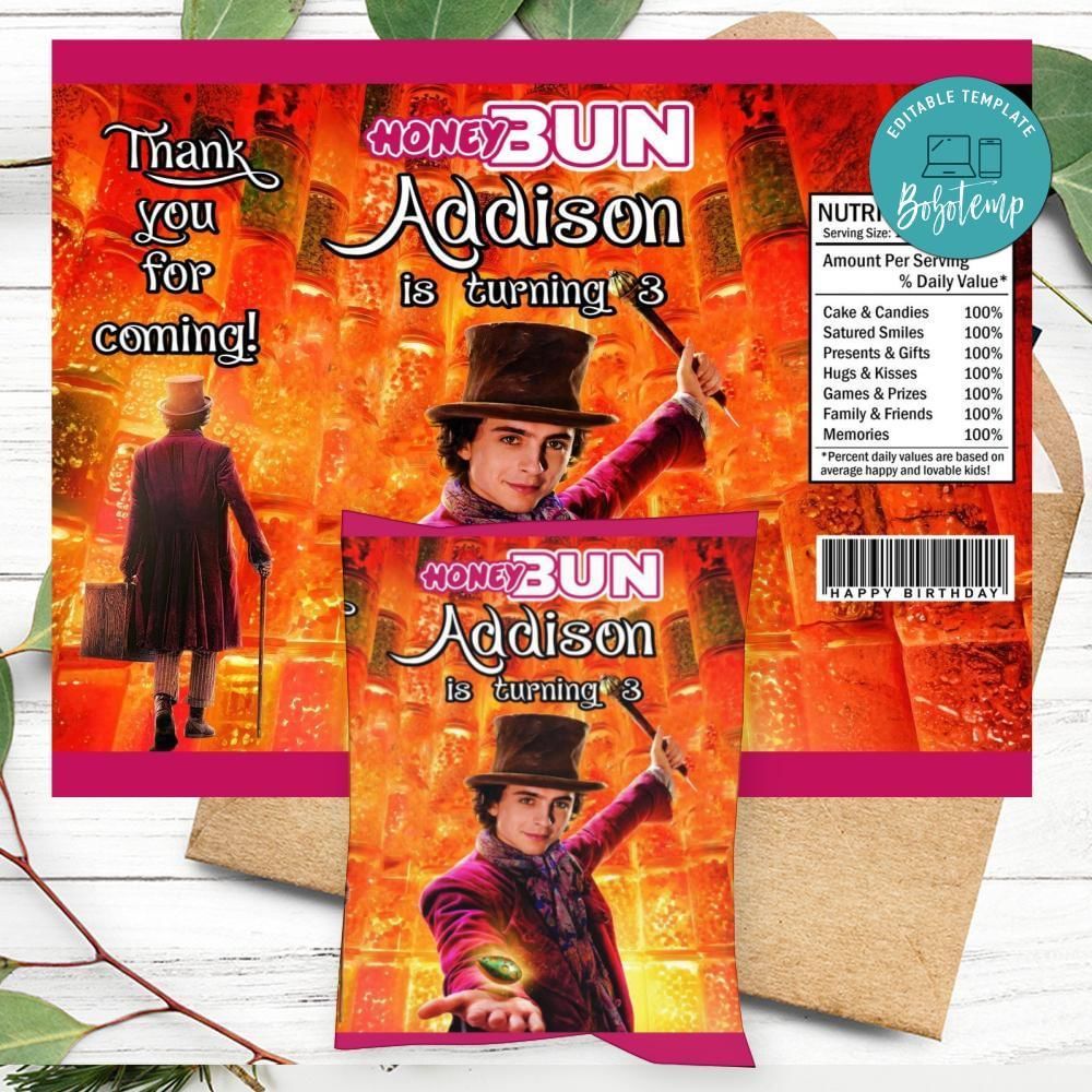 Wonka Birthday Honey Buns Snack Bag Label Customizable Instant Download