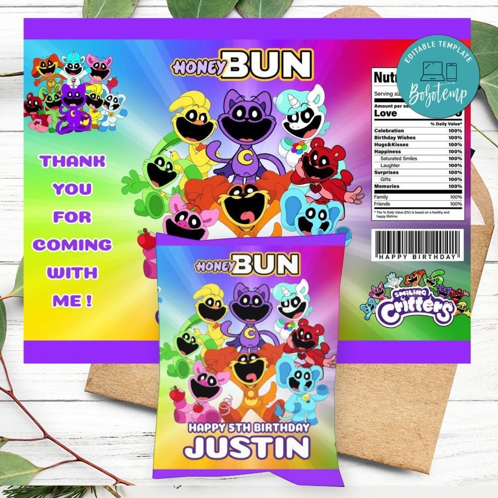 Smiling Critters Birthday Honey Buns Snack Bag Label Customizable Instant Download