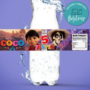 Coco Disney Birthday Water Bottle Label Template to Print at Home Instant Download