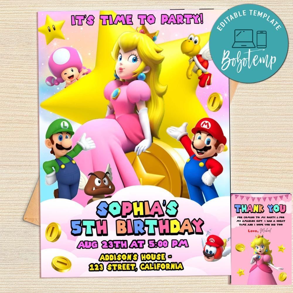Princess Peach Invitation Template Free Thank You Card Printable