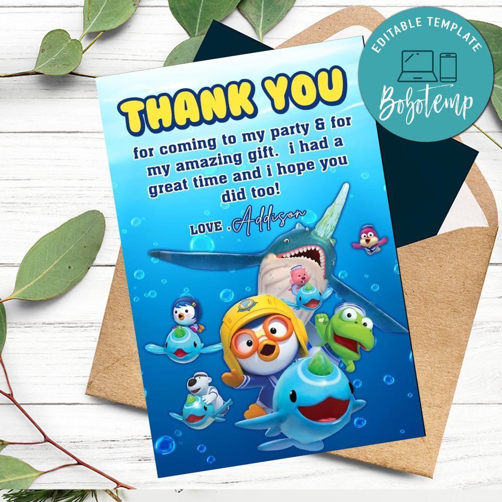 Pororo Thank You Card Customizable Template To Print At Home Instant Download