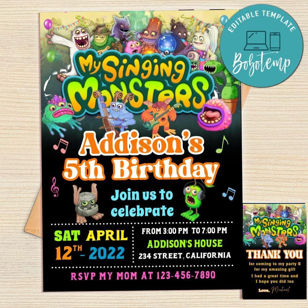 My Singing Monsters Invitation Template Free Thank You Card Printable