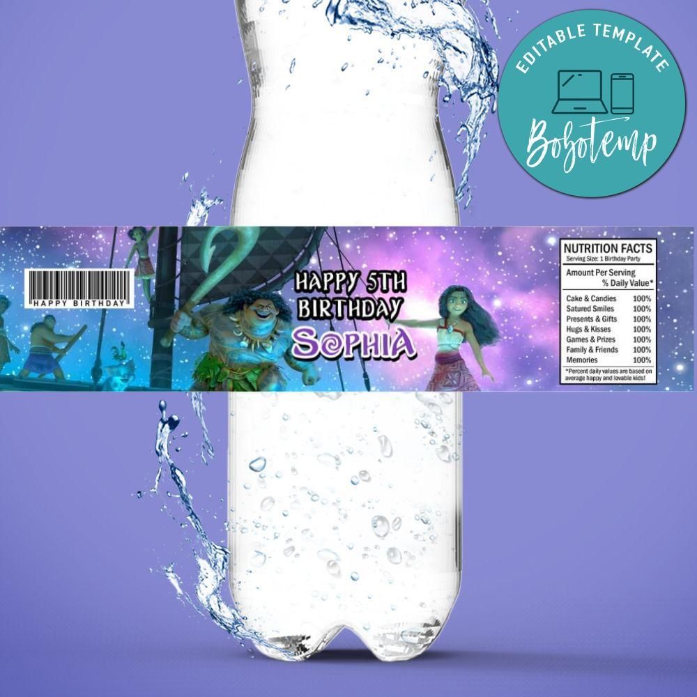 Moana 2 Bottle Label Birthday Water Bottle Label Template to Print at Home Instant Download