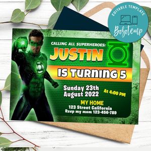 Green Lantern Birthday Invitation Customizable Template to Print at Home Instant Download