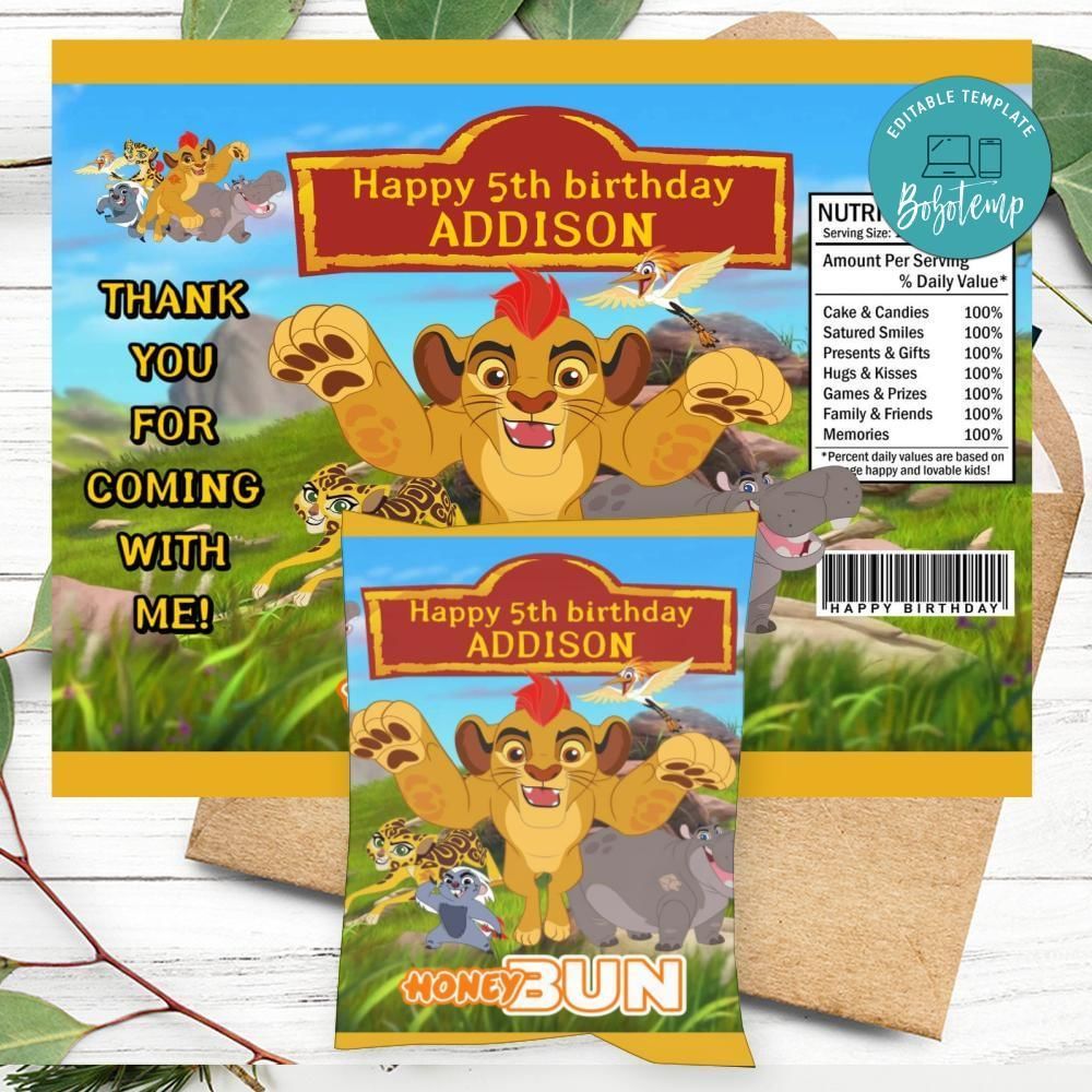 The Lion Guard Birthday Honey Buns Snack Bag Label Customizable Instant Download