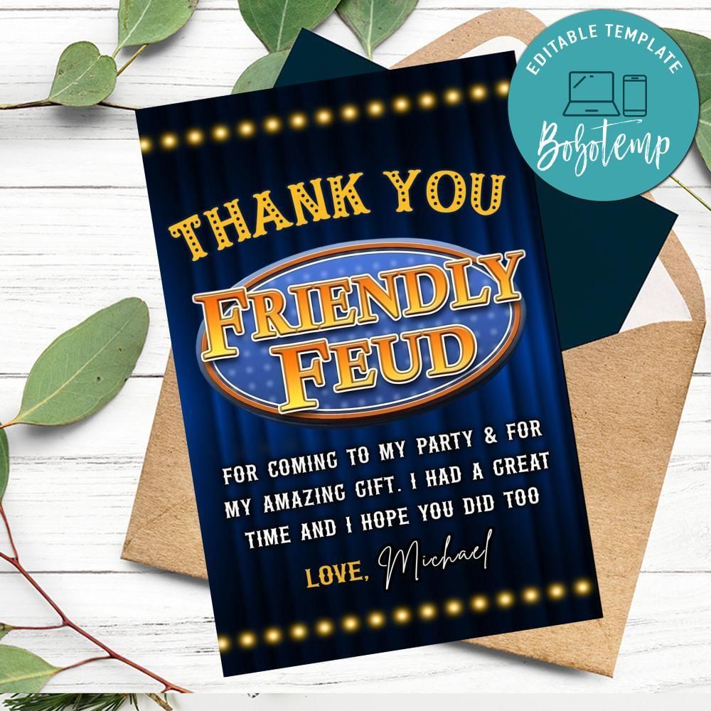 Friendly Feud Thank You Card Customizable Template To Print At Home Instant Download