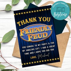Friendly Feud Thank You Card Customizable Template To Print At Home Instant Download