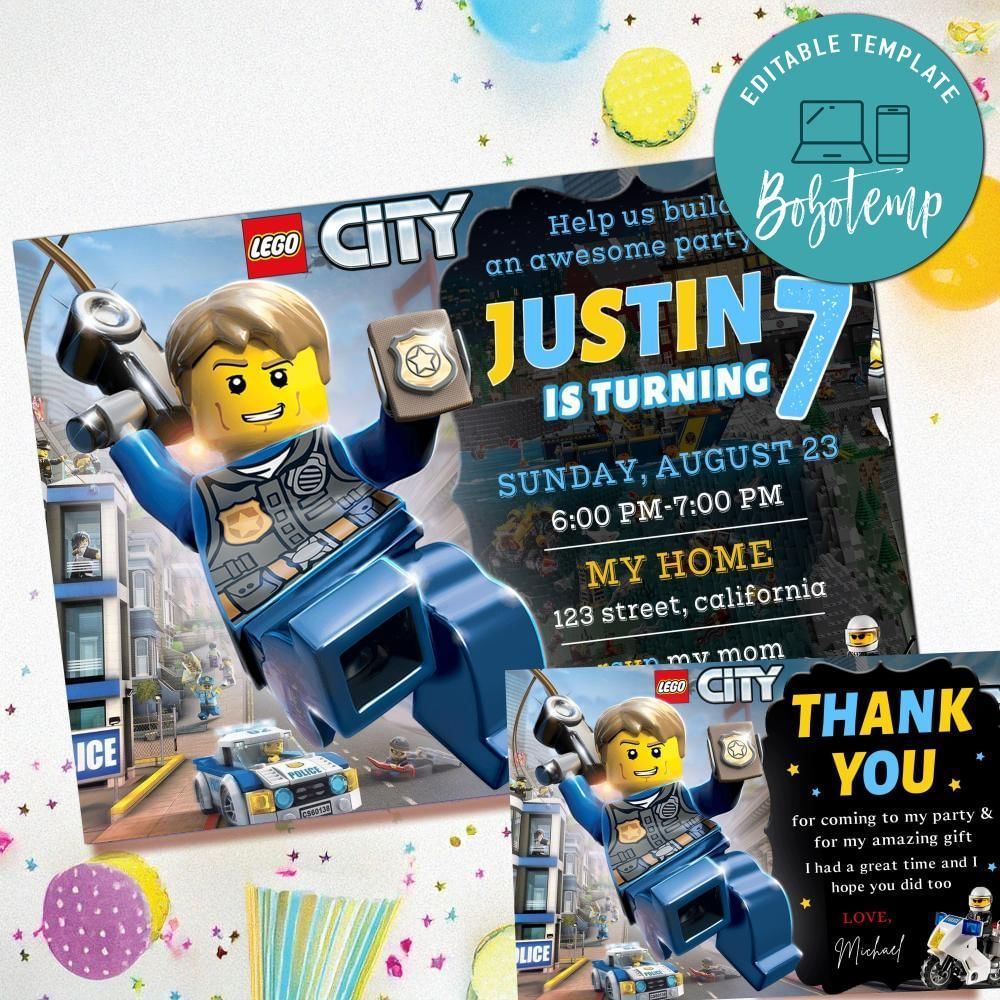 Lego City Invitation Template Free Thank You Card Printable