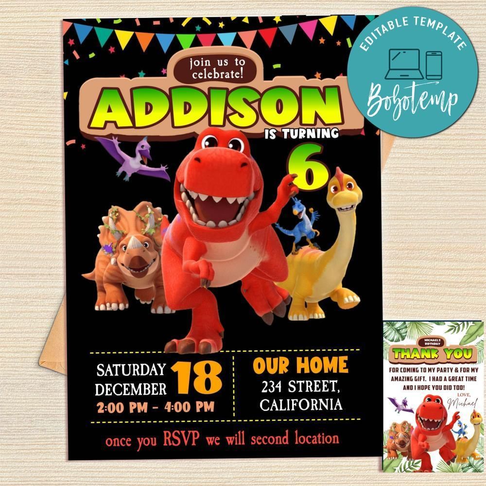 Little Dino School Invitation Template Free Thank You Card Printable