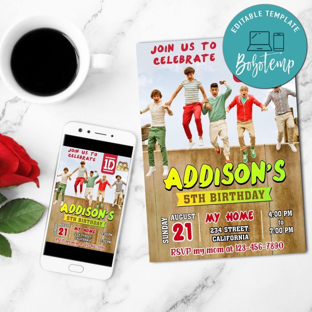 One Direction Mobile Invite Customizable Template Instant Download